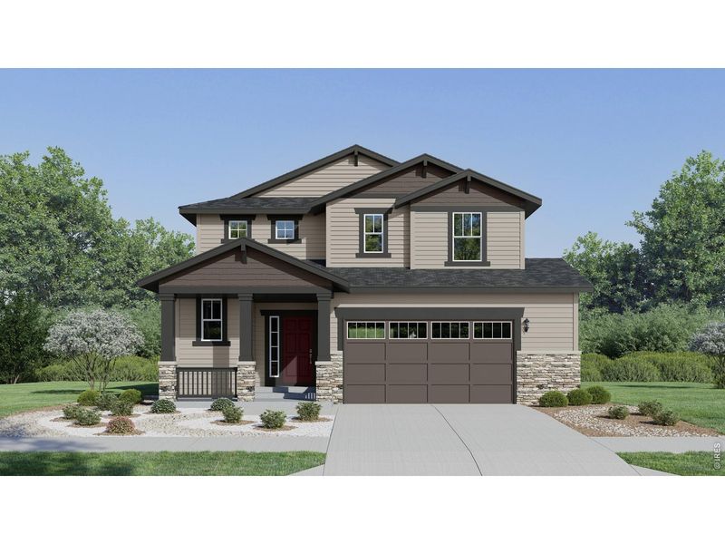 Front exterior of a new home in Timber Lark, Fort Collins, CO, highlighting curb appeal (Image 1). Front exterior of a new home in Timber Lark, Fort Collins, CO, highlighting curb appeal (Image 1).