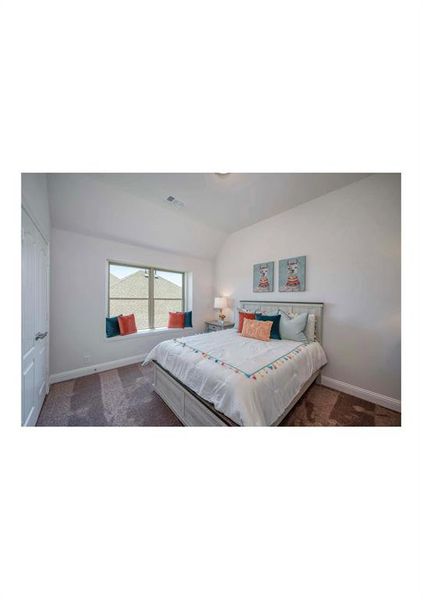 Carpeted bedroom with vaulted ceiling