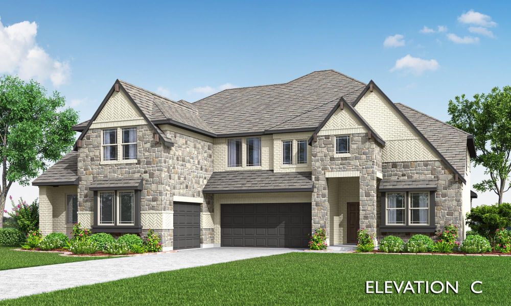 Two-story home with stone and brick exterior, three-car garage, and landscaped front yard, Elevation C rendering. Two-story home with stone and brick exterior, three-car garage, and landscaped front yard, Elevation C rendering.