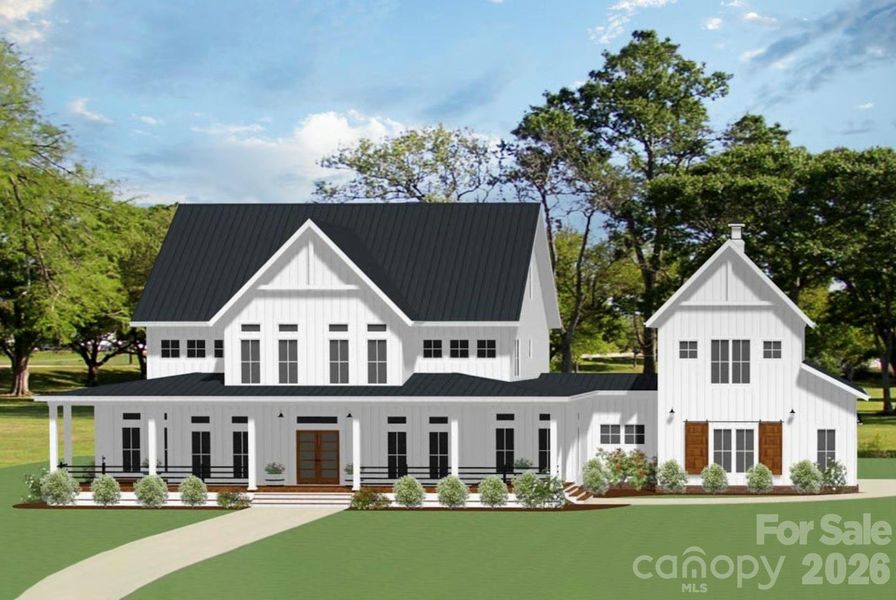 Stunning modern farmhouse features crisp white board-and-batten siding, a sleek black metal roof, charming wood-accented double doors. Full-front porch/expansive windows offer seamless indoor-outdoor living! Stunning modern farmhouse features crisp white board-and-batten siding, a sleek black metal roof, charming wood-accented double doors. Full-front porch/expansive windows offer seamless indoor-outdoor living!