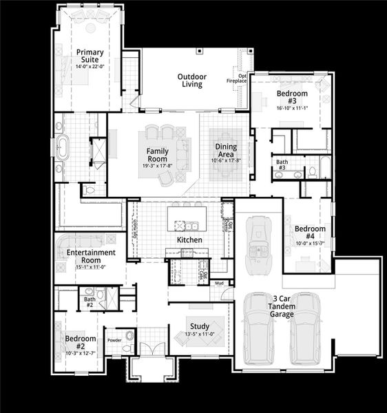 2D floor plan layout of this home in Santa Rita Ranch: 90ft. lots, Liberty Hill, TX (Image 2). 2D floor plan layout of this home in Santa Rita Ranch: 90ft. lots, Liberty Hill, TX (Image 2).