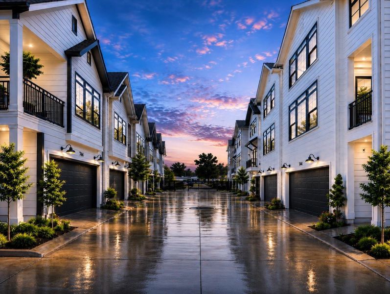 Polished dusk streetscape highlighting the private gated drive and refined community design Polished dusk streetscape highlighting the private gated drive and refined community design