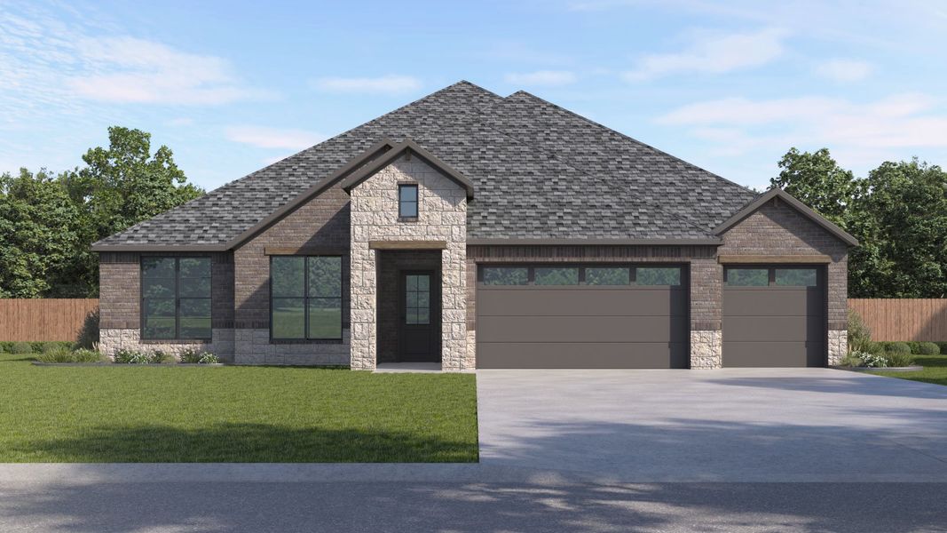 Front exterior of a new home in Sola Vista at West Cypress Hills, Spicewood, TX, highlighting curb appeal (Image 2).