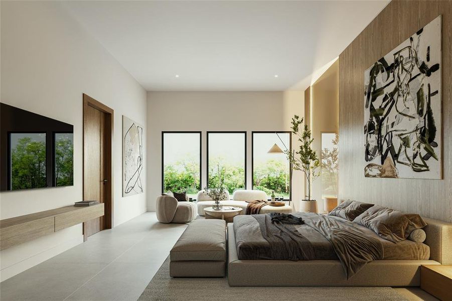 Spacious interior featuring a light-colored tile floor, a wood-paneled accent wall, a flush-mounted television above a floating wood console, a large floor-to-ceiling window, and a wood-finish door with dark hardware