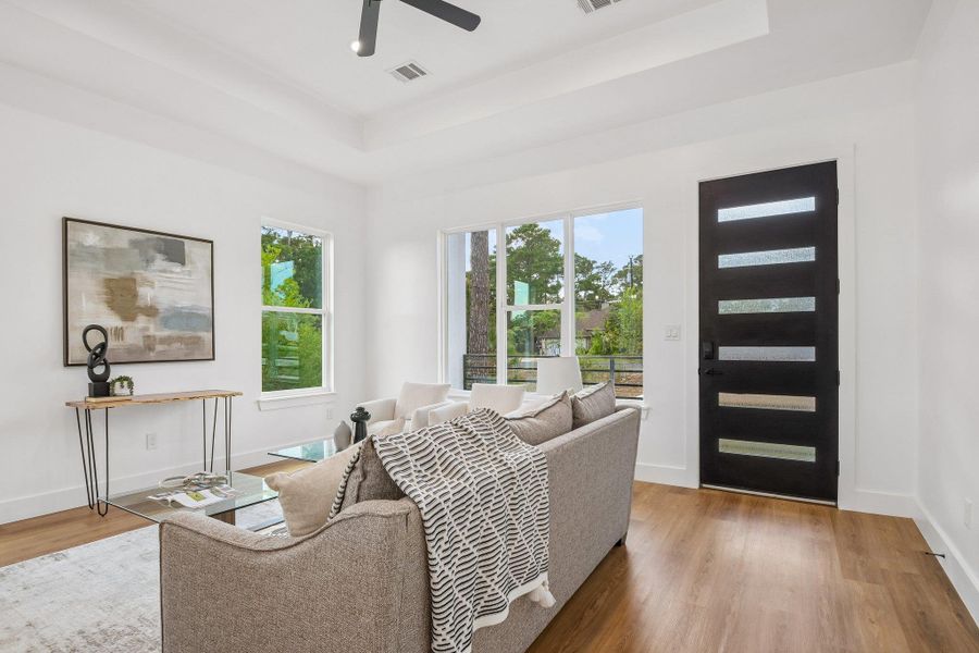 Crisp white walls and warm wood flooring frame a welcoming entry space under tray ceilings. Crisp white walls and warm wood flooring frame a welcoming entry space under tray ceilings.
