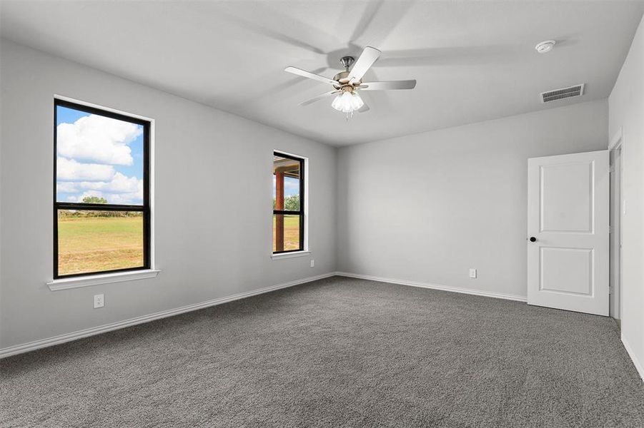 Carpeted spare room featuring plenty of natural light and ceiling fan