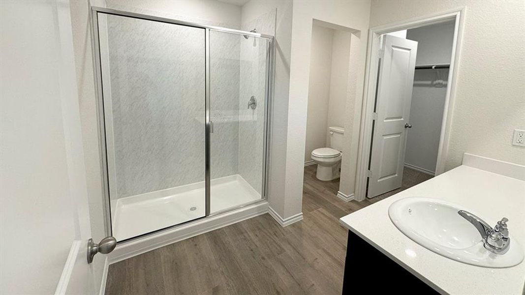 Bathroom featuring vanity, a stall shower, a spacious closet, dark wood-style flooring, and a textured wall