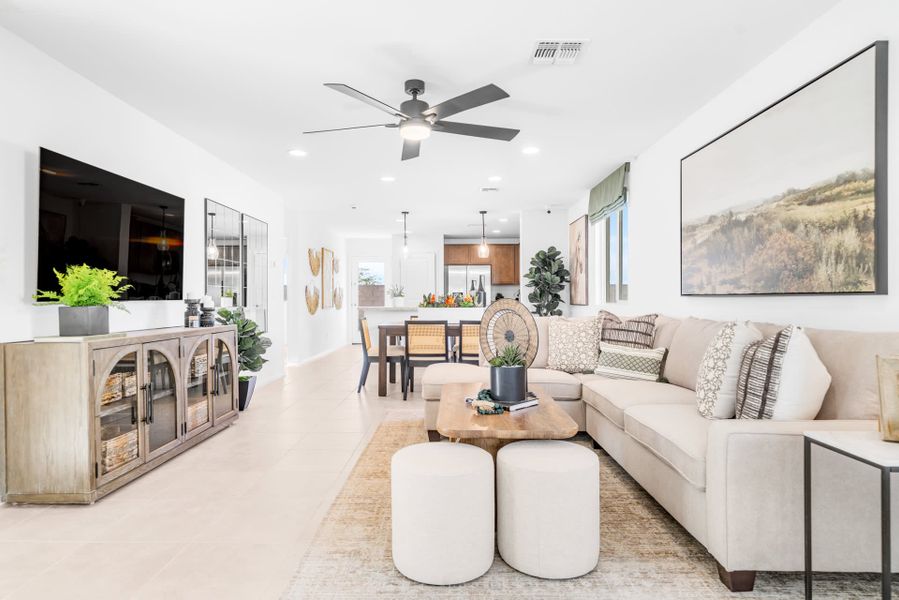 Open Great Room, Dining Area and Kitchen | Horizon | Wildera – Crest Series | New Homes in San Tan Valley, AZ by Landsea Homes Open Great Room, Dining Area and Kitchen | Horizon | Wildera – Crest Series | New Homes in San Tan Valley, AZ by Landsea Homes