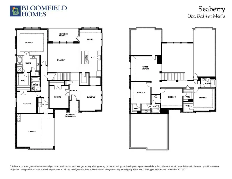Bloomfield Homes Seaberry two-story floor plan with five bedrooms, game room, study, and three-car garage option. Bloomfield Homes Seaberry two-story floor plan with five bedrooms, game room, study, and three-car garage option.