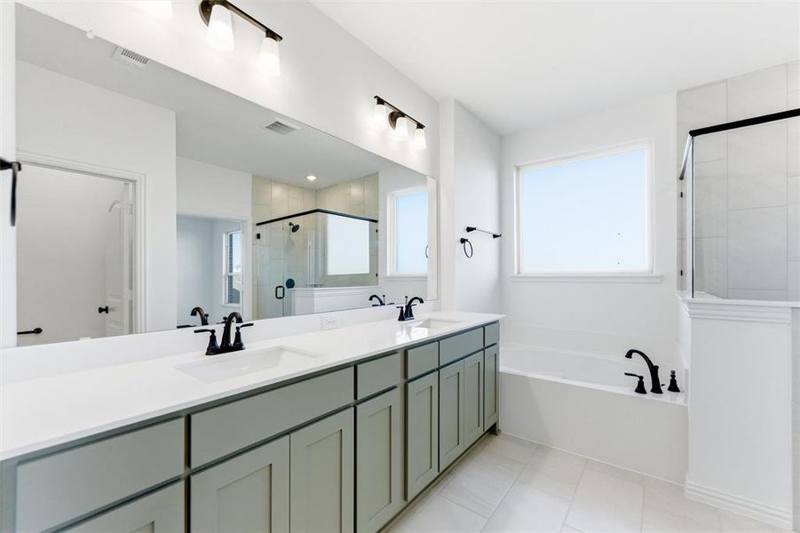 Bathroom featuring a shower stall, a garden tub, plenty of natural light, and double vanity