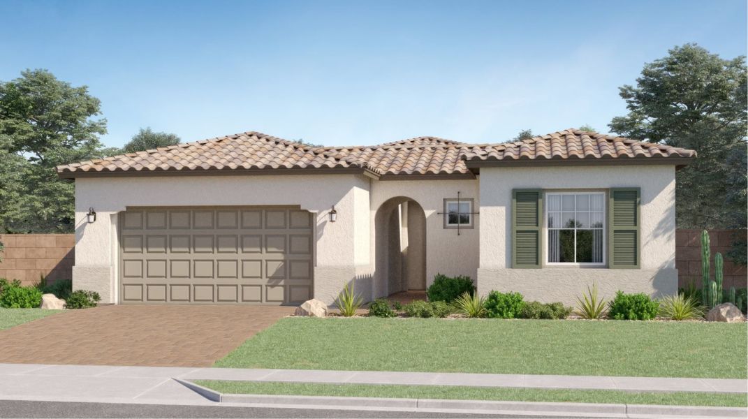Front exterior of a new home in Aloravita: Signature, Peoria, AZ, highlighting curb appeal (Image 1). Front exterior of a new home in Aloravita: Signature, Peoria, AZ, highlighting curb appeal (Image 1).