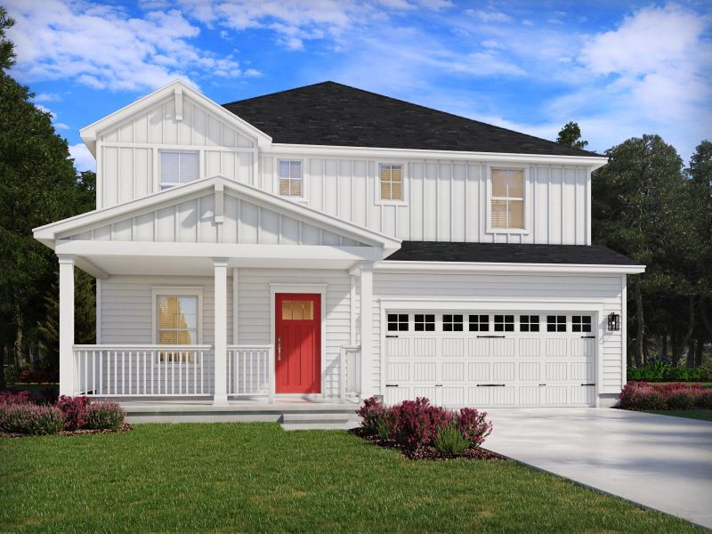 Front exterior of a new home in The Coves at Lakes of Cane Bay, Summerville, SC, highlighting curb appeal (Image 1). Front exterior of a new home in The Coves at Lakes of Cane Bay, Summerville, SC, highlighting curb appeal (Image 1).