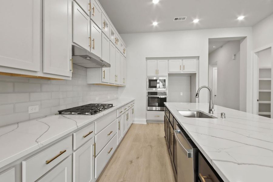 Kitchen featuring light wood finished floors, stainless steel appliances, tasteful backsplash, under cabinet range hood, and a sink Kitchen featuring light wood finished floors, stainless steel appliances, tasteful backsplash, under cabinet range hood, and a sink