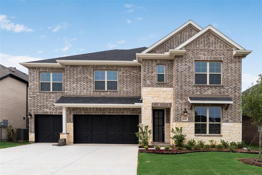 Front exterior of a new home in Valencia On The Lake, Little Elm, TX, highlighting curb appeal (Image 1). Front exterior of a new home in Valencia On The Lake, Little Elm, TX, highlighting curb appeal (Image 1).