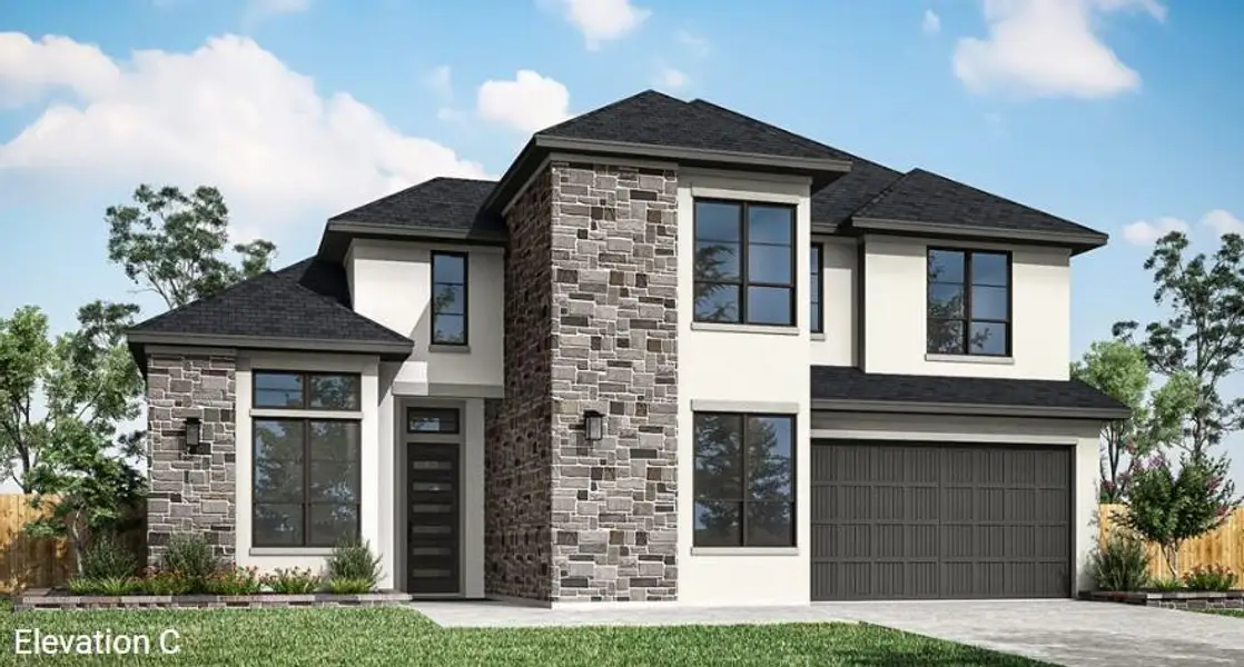 Front exterior of a new home in Cross Creek Ranch 65′, Fulshear, TX, highlighting curb appeal (Image 1).