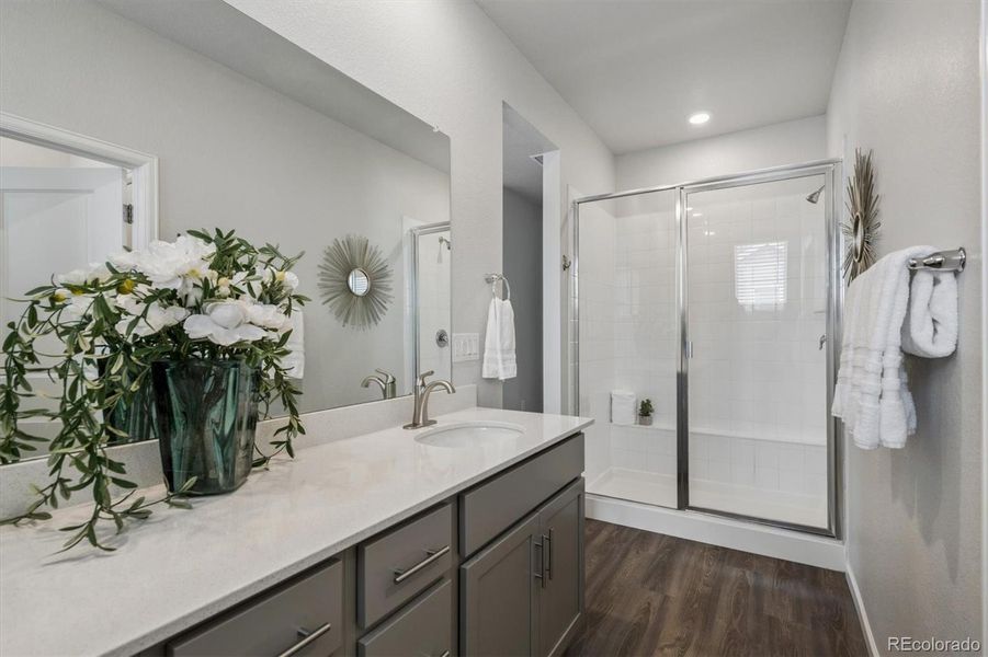 Large vanity area, 2 undermount sinks, walk-in shower with bench