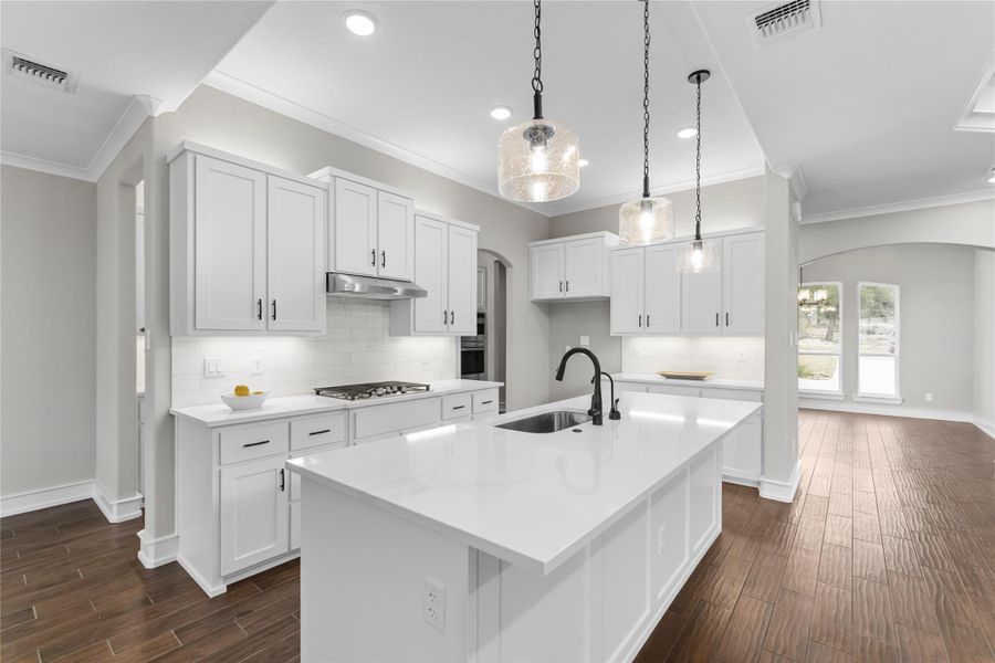 Kitchen with a sink, arched walkways, under cabinet range hood, ornamental molding, and dark wood-style flooring Kitchen with a sink, arched walkways, under cabinet range hood, ornamental molding, and dark wood-style flooring