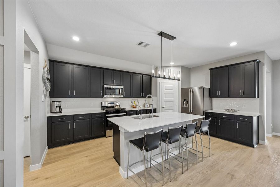 Lots of soft closing cabinets and drawers!  The paneled door leads to the walk-in pantry.  Counter depth refrigerator will stay.