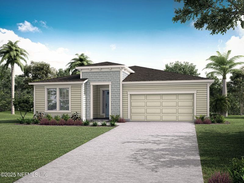 Front exterior of a new home in RiverTown - WaterSong, St. Johns, FL, highlighting curb appeal (Image 1).