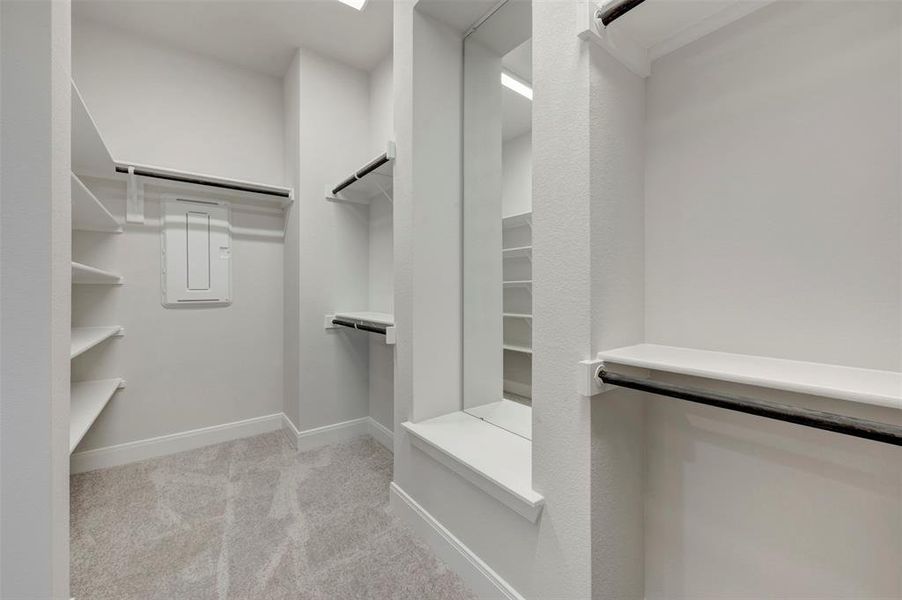 Walk in closet featuring light carpet