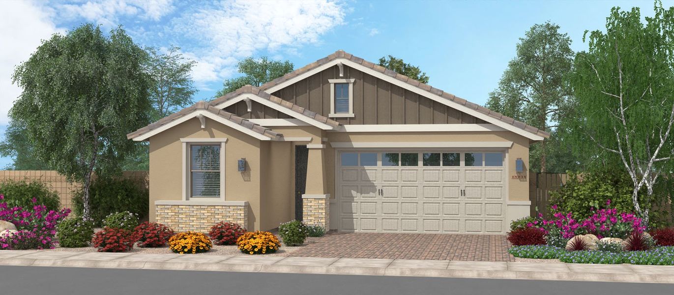 Representative exterior photo of a completed home built from the Amorosa by Fulton Homes in Calistoga at Enclave, Litchfield Park, AZ (Image 2).