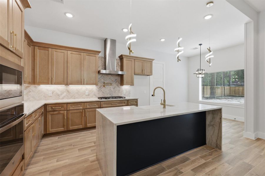 Waterfall island, with room for extra dining barstools.