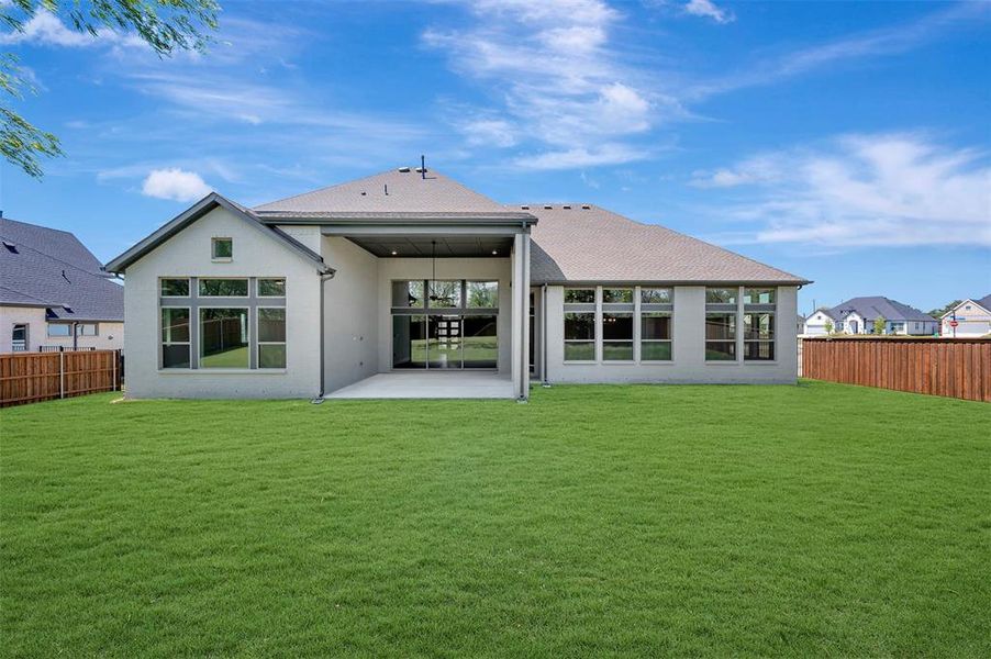 Rear view of house featuring a fenced backyard, a patio area, and stucco siding