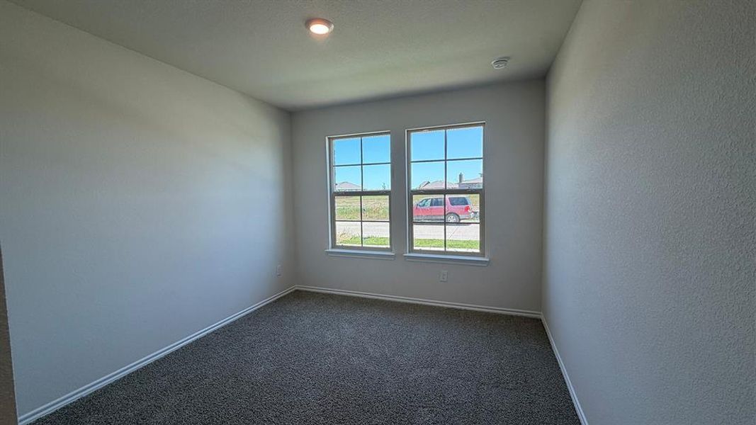 Room featuring two windows with grid detailing, neutral carpeting, and a flush-mount ceiling light