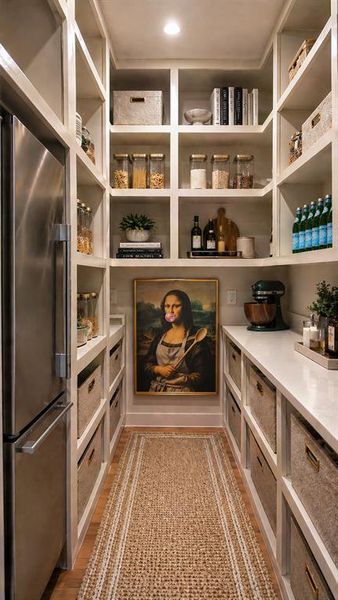 Butler's pantry with room for a counter depth fridge and all the container store labeled bins your heart desires.