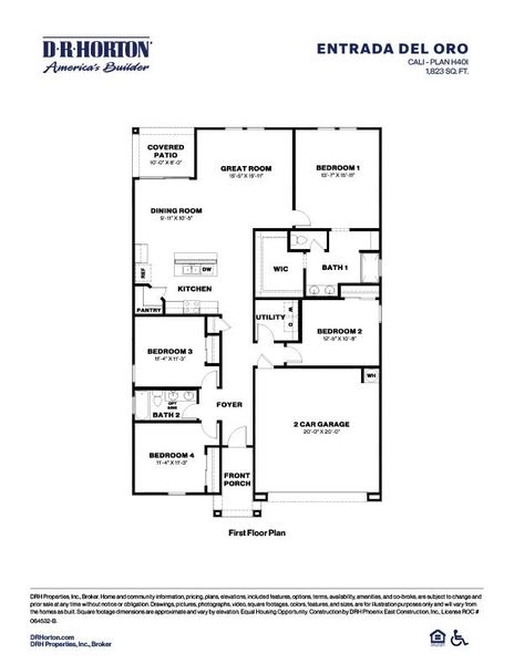 2D floor plan layout for the Cali by D.R. Horton in Entrada Del Oro, Gold Canyon, AZ (Image 4).