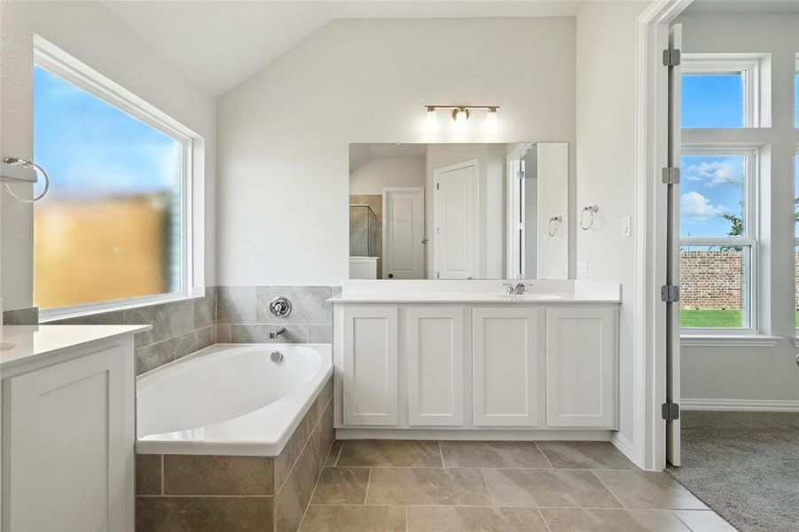 Bathroom with vanity, a bath, plenty of natural light, lofted ceiling, and a shower stall Bathroom with vanity, a bath, plenty of natural light, lofted ceiling, and a shower stall