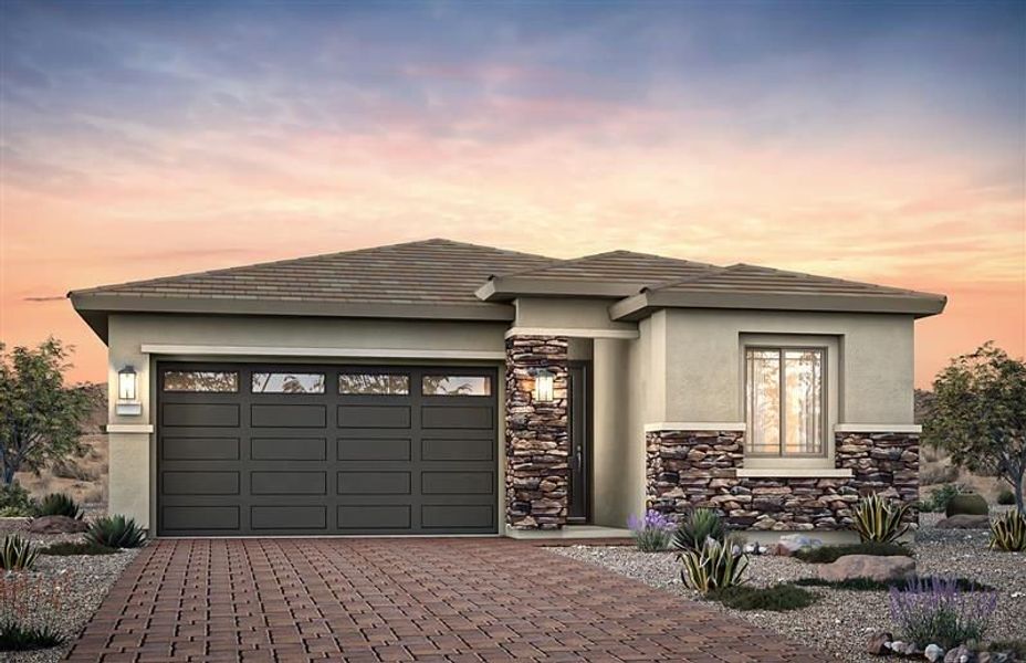 Representative exterior photo of a completed home built from the Verbena by Pulte Homes in Regent Hills - Meadow Series, Buckeye, AZ (Image 1). Representative exterior photo of a completed home built from the Verbena by Pulte Homes in Regent Hills - Meadow Series, Buckeye, AZ (Image 1).