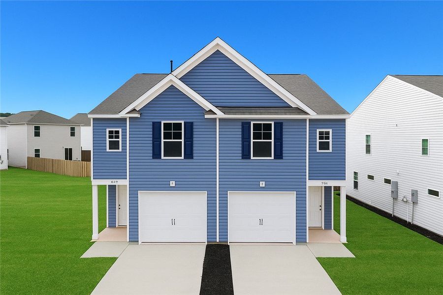 Front exterior of a new home in Champions Village at Cherry Hill, Pendleton, SC, highlighting curb appeal (Image 1). Front exterior of a new home in Champions Village at Cherry Hill, Pendleton, SC, highlighting curb appeal (Image 1).