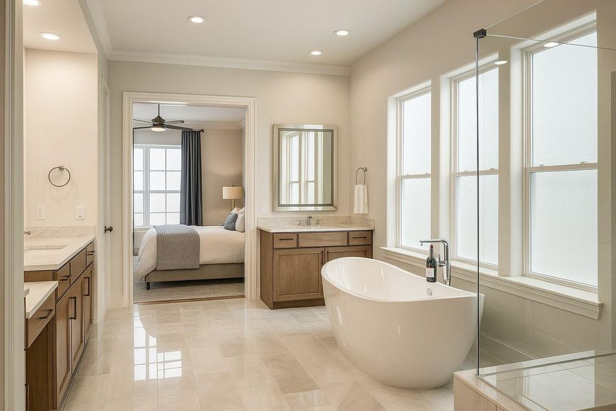 upgraded real white marble slabs in primary bath similar to this bathroom with freestanding tub and natural light upgraded real white marble slabs in primary bath similar to this bathroom with freestanding tub and natural light