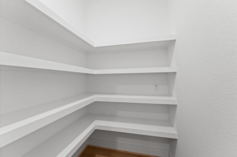 Look at this amazing walk-in pantry! Plenty of space for food and appliances you don't necessarily want on the kitchen counter.