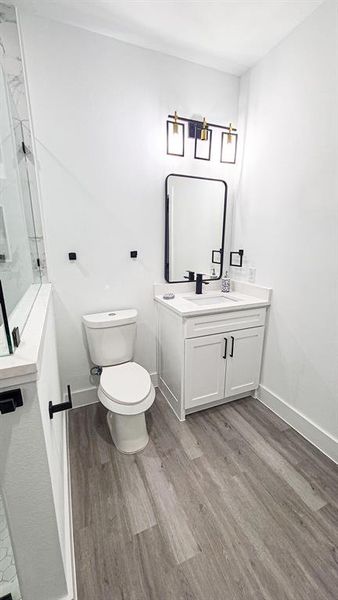 Bathroom featuring vanity, hardwood / wood-style floors, and toilet