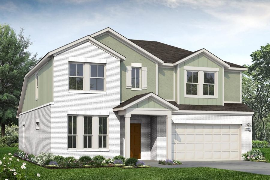 Rendering of two story home with green stucco, siding, white accents, and garage, with white brick, driveway, and landscaping Rendering of two story home with green stucco, siding, white accents, and garage, with white brick, driveway, and landscaping