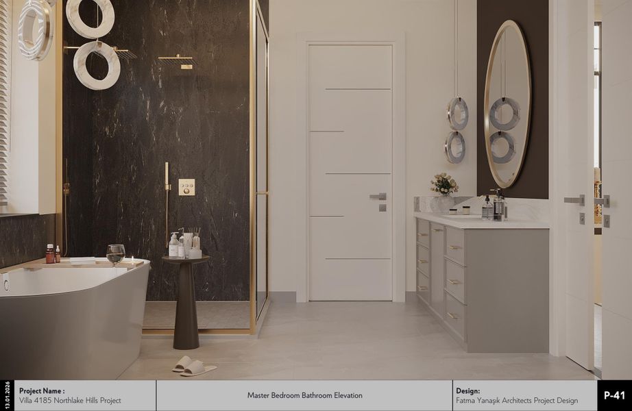 Bathroom with vanity, a freestanding bath, and a marble finish shower