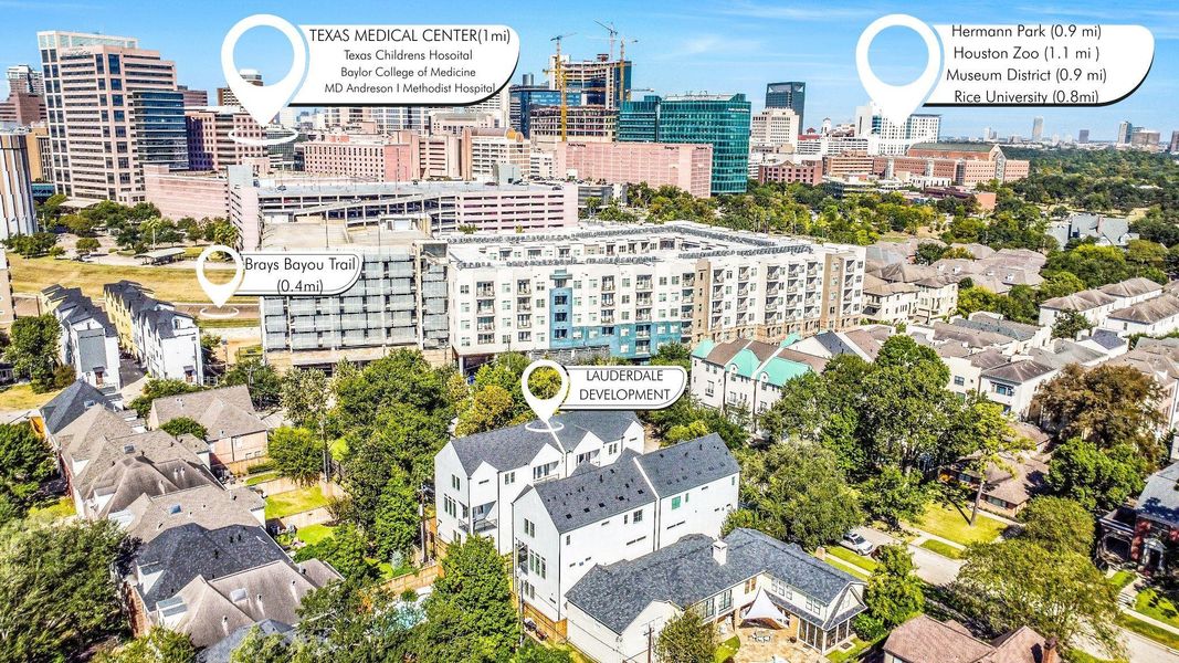 Aerial view highlighting the prime location of the Lauderdale Development — just 1 mile from the Texas Medical Center, 0.9 miles from Hermann Park and the Museum District, and only 0.8 miles from Rice University. The image also shows proximity to Brays Bayou Trail (0.4 mi) and the major hospitals including Texas Children’s, Methodist, and MD Anderson. This central Houston location offers unmatched access to medical, cultural, and academic institutions within minutes. Aerial view highlighting the prime location of the Lauderdale Development — just 1 mile from the Texas Medical Center, 0.9 miles from Hermann Park and the Museum District, and only 0.8 miles from Rice University. The image also shows proximity to Brays Bayou Trail (0.4 mi) and the major hospitals including Texas Children’s, Methodist, and MD Anderson. This central Houston location offers unmatched access to medical, cultural, and academic institutions within minutes.