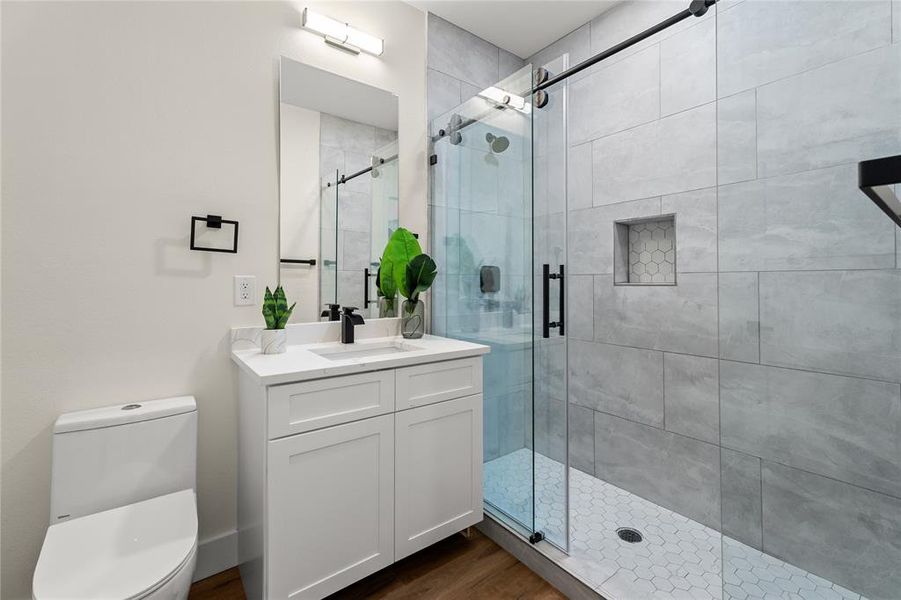 Bathroom featuring vanity, dark wood-style flooring, and a shower stall