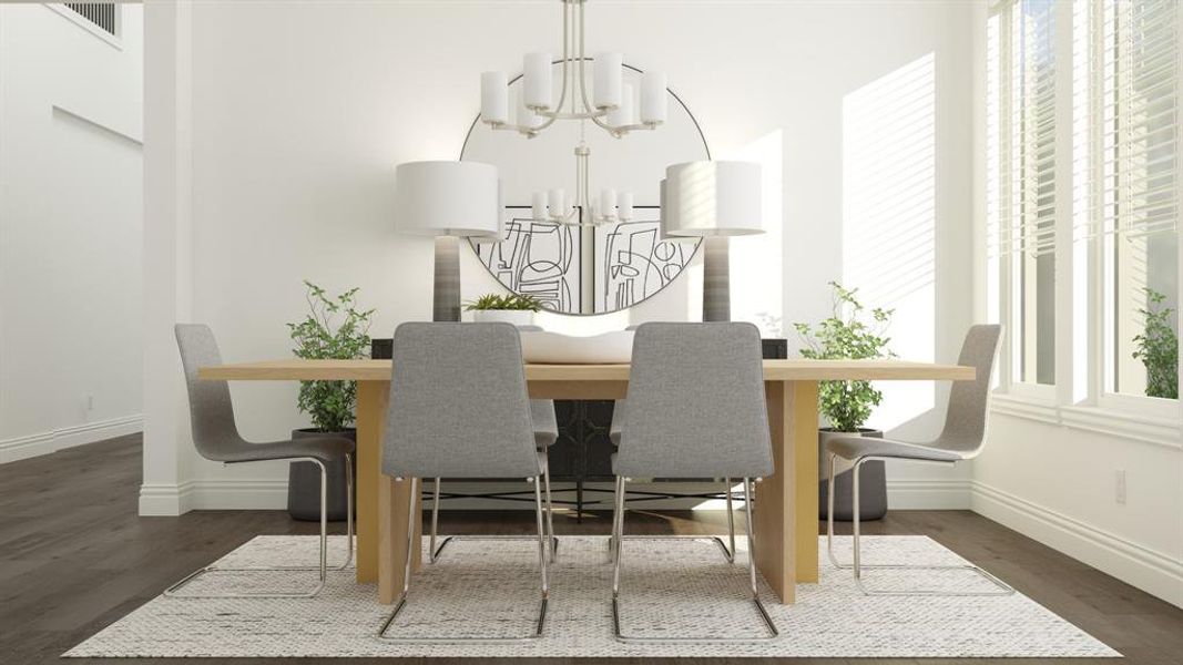 Dining space with dark hardwood / wood-style flooring and an inviting chandelier