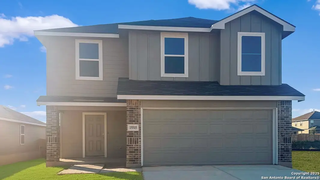 Front exterior of a new home in Preserve at Medina, Von Ormy, TX, highlighting curb appeal (Image 1).