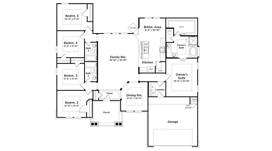 2D floor plan layout for the Rushmore by First America Homes in Villas Las Flores, Floresville, TX (Image 1). 2D floor plan layout for the Rushmore by First America Homes in Villas Las Flores, Floresville, TX (Image 1).