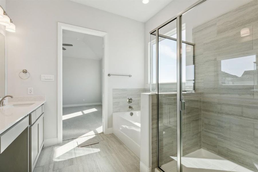 Bathroom featuring vanity and independent shower and bath