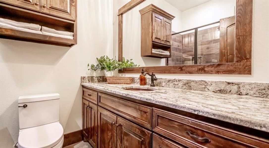 Full bathroom with toilet, vanity, and a tile shower Full bathroom with toilet, vanity, and a tile shower