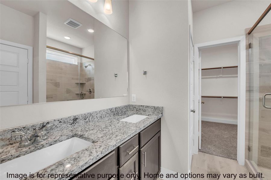 Bathroom featuring double vanity, a walk in closet, a stall shower, light wood-type flooring, and a sauna