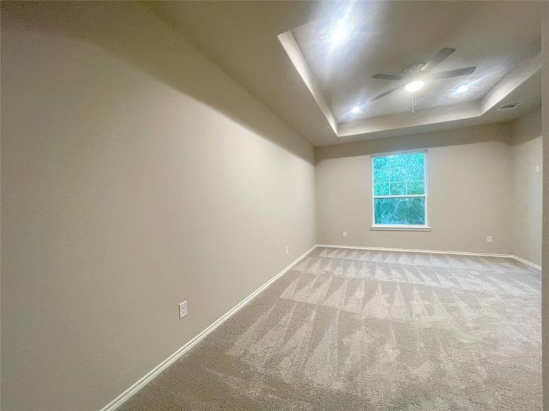 Carpeted empty room featuring a ceiling fan, a tray ceiling, and baseboards