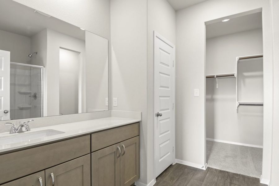 Image of primary bathroom with a sink and light brown cabinets and a mirror with a closet