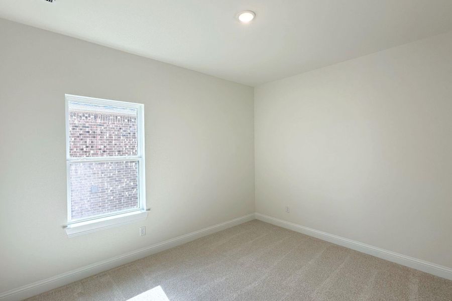 A well-lit bedroom features plush carpeting and a bright window offering natural illumination.