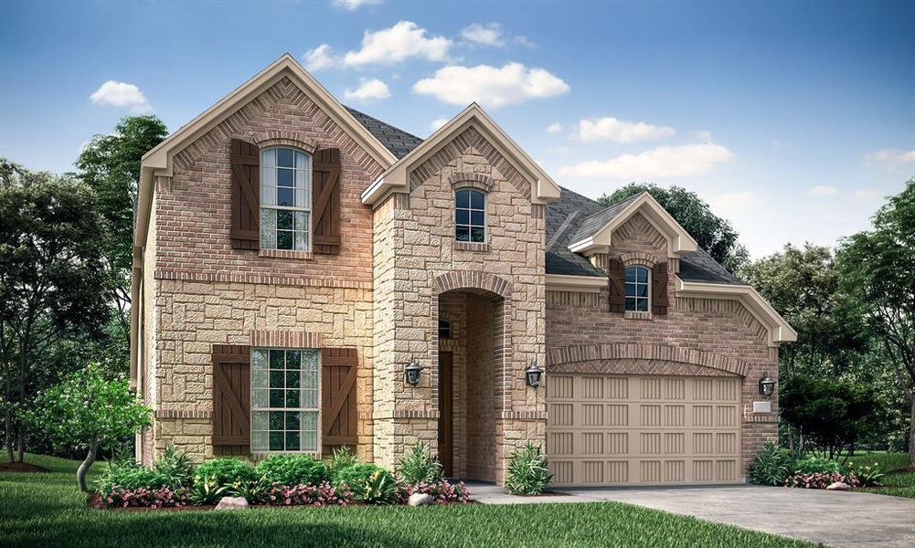 French country inspired facade with a garage